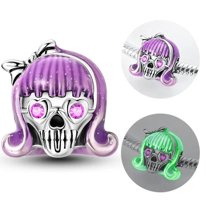 Halloween 925 Sterling Silver Charms | Pumpkin Skeleton Witch Bat Beads for Bracelet DIY Jewelry