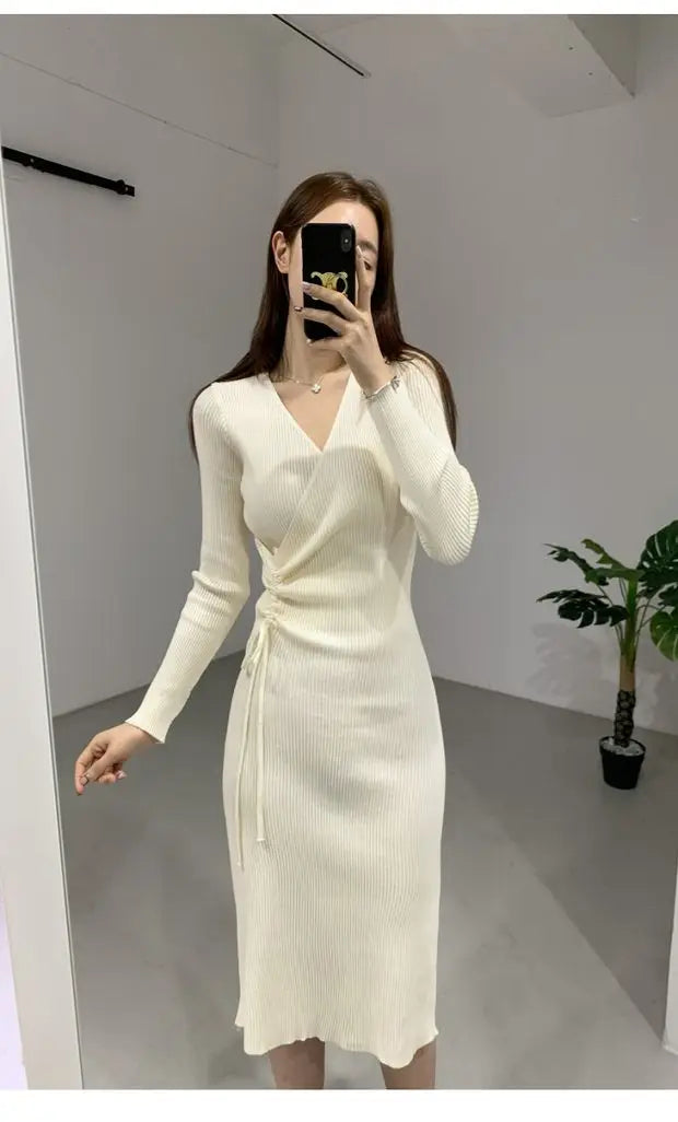 Chic V-ne Pleated Dstring Slimming Mid-length Wrap Body Knitted Dr Women's Sweater Dr Korean Sle High Waist A-line