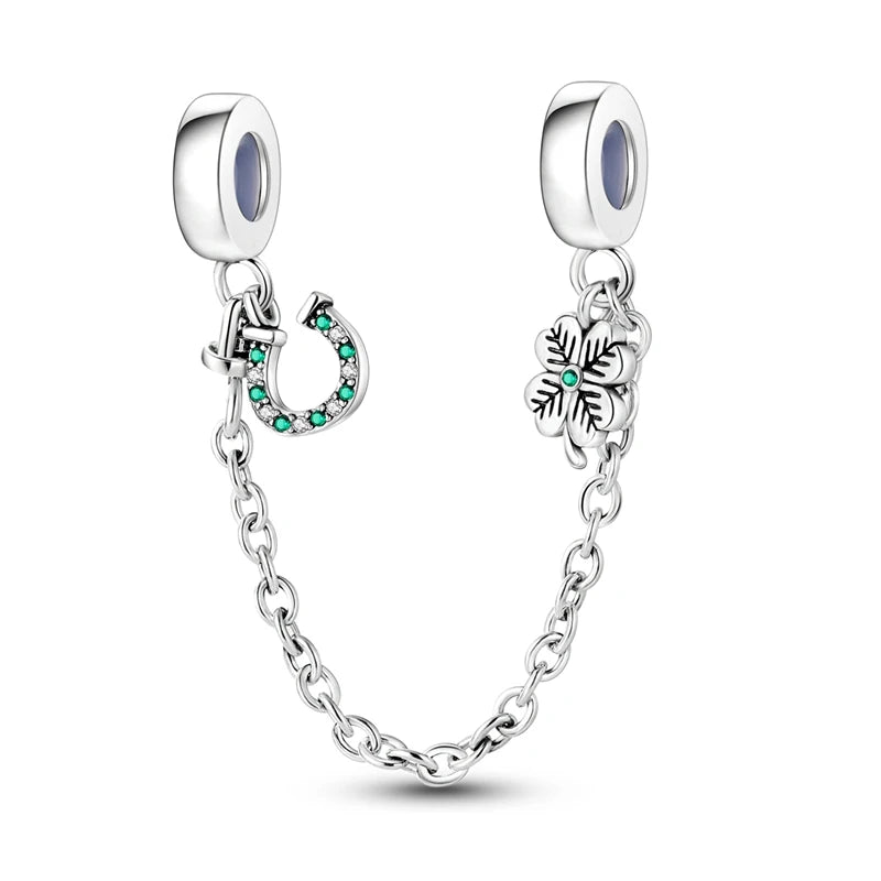 925 Sterling Silver Safety Chain & Clip Charms – CZ Pave Round Beads Fit Pandora Bracelet DIY Jewelry Making