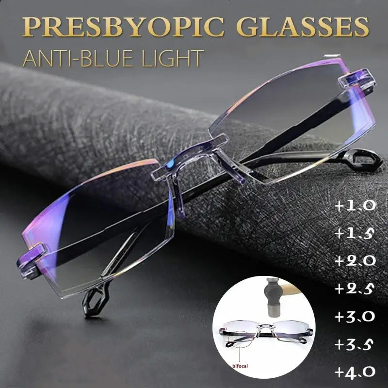 Men & Women Rimless Reading Glasses – Anti Blue Light Bifocal Eyewear for Far & Near Vision | Presbyopic Glasses +1.50/+2.00