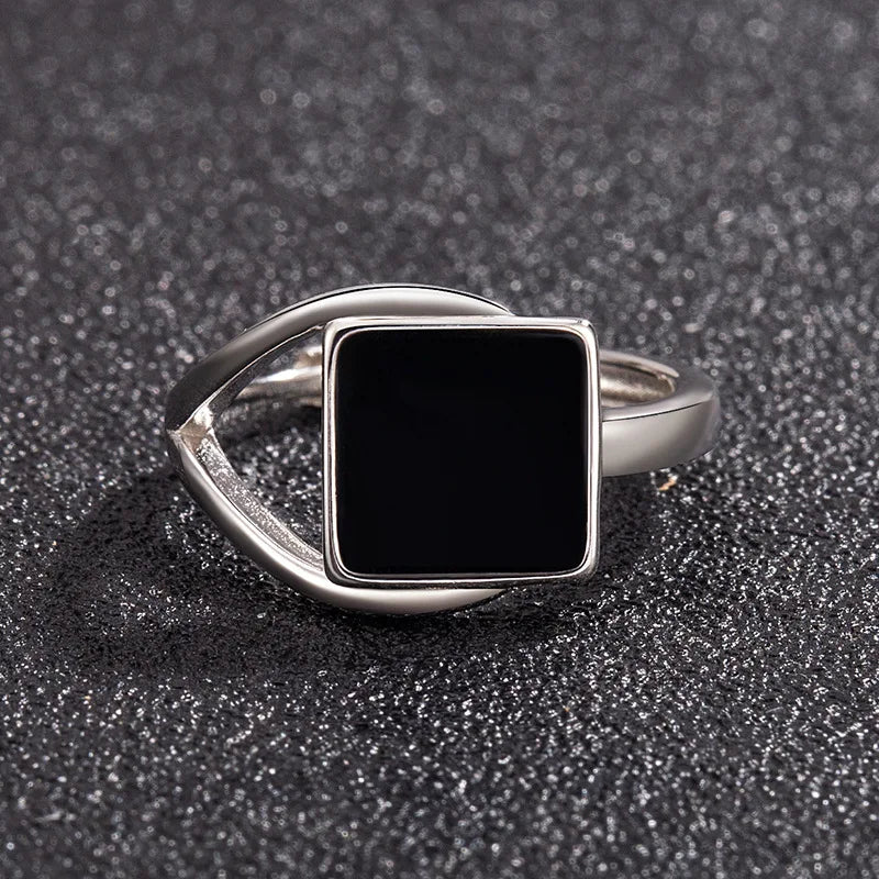 Adjustable Black Onyx Square Opening Ring – Geometric Skeleton Design Fashion Jewelry for Women & Men