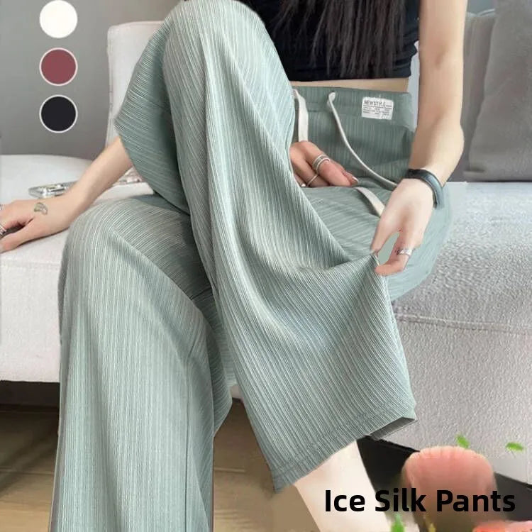 New 2025 Women’s Ice Silk Wide Leg Pants – High Waist Loose Thin Straight Casual Korean Trousers