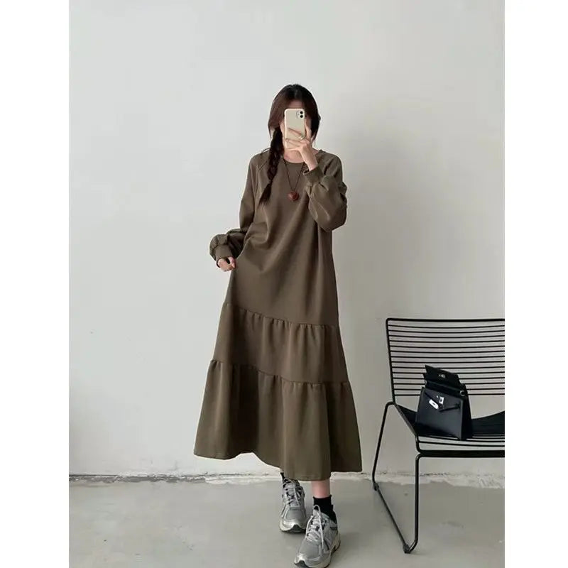 Plus Size Casual Long Sleeve Dress for Women | Loose Fit Patchwork Autumn Dress | Tummy Covering Comfortable Long Dress