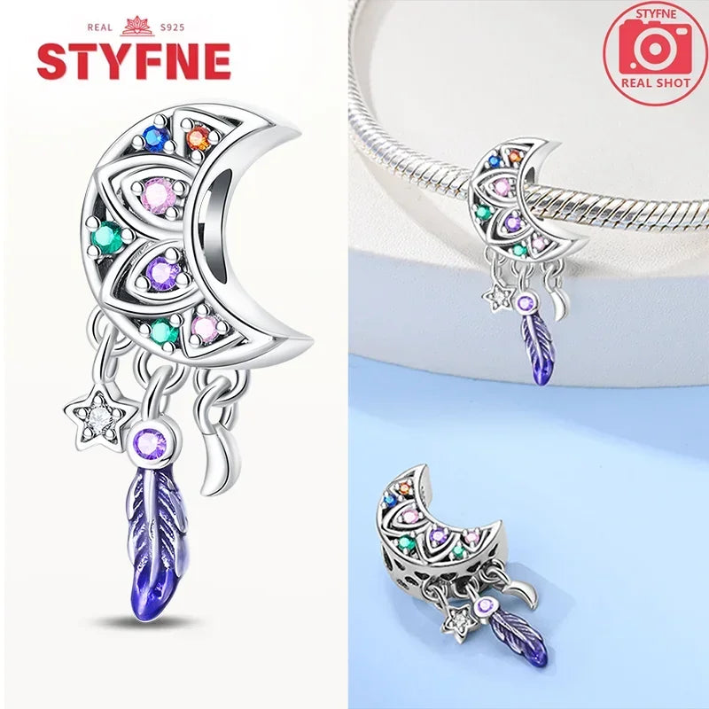 925 Sterling Silver Colorful Zircon Heart Dreamcatcher Charm – Feather Beads Fit Original Pandora Bracelet DIY Jewelry Gift for Women