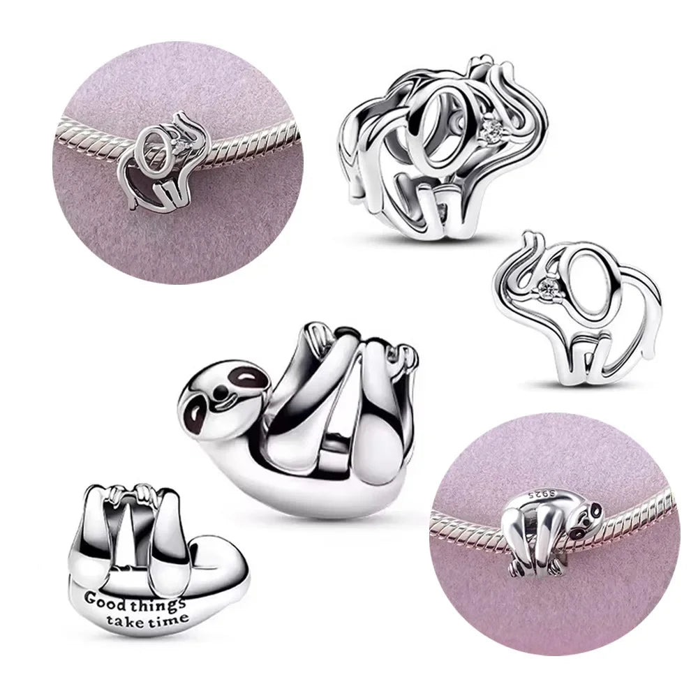 Silver 925 Openwork Elephant & Hanging Sloth Charms | Fit Original Bracelet | Women’s DIY Fine Jewelry Beads