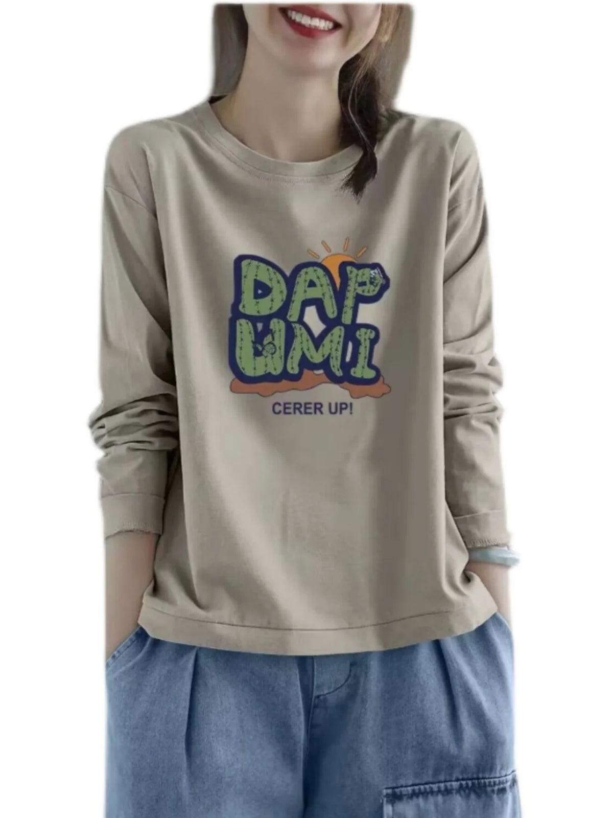 100% Cotton Long Sleeve T-Shirt | Women’s Casual Loose Slimming Top | Autumn Round Neck Fashionable Tee