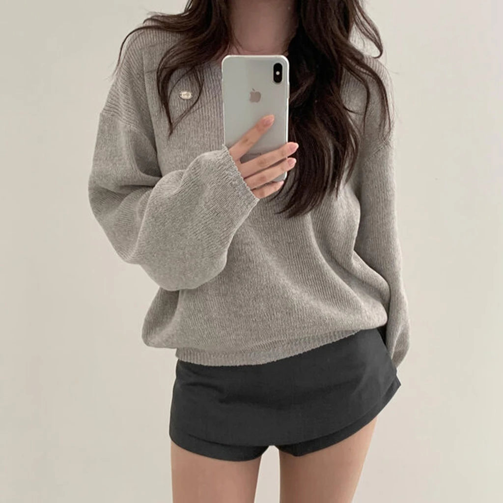 Loose Women’s Knitwear V-Neck Long Sleeve T-Shirt – Casual Comfortable Fashionable Autumn Top New Arrival
