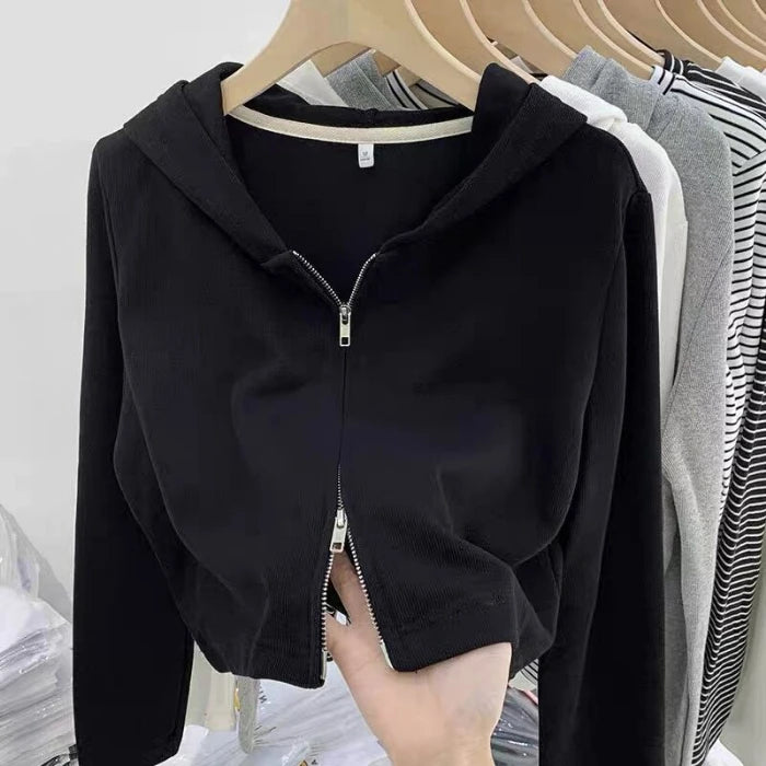 ✨ Design Sensation Women’s Short Knitted Hat & Double Zipper Cardigan 🧶 Pure Color Korean Style Long Sleeve Spring Autumn Fashion