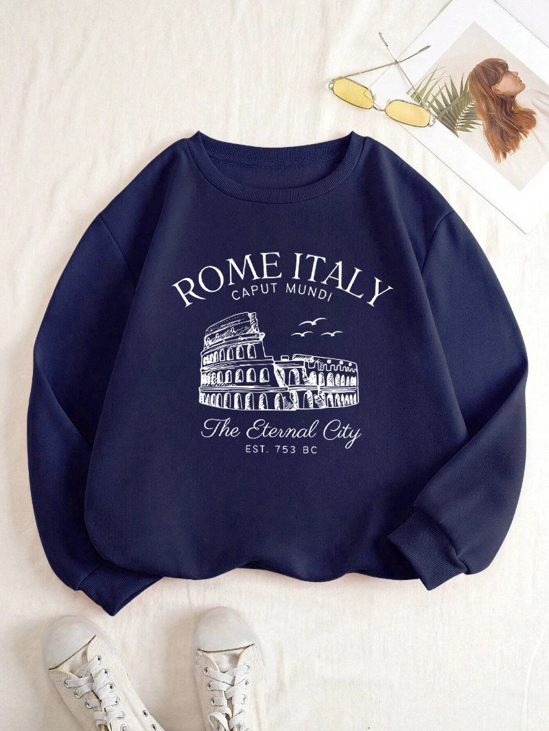 Colosseum Rome Italy Print Sweatshirt for Women | Y2K Casual Crewneck Fleece Pullover