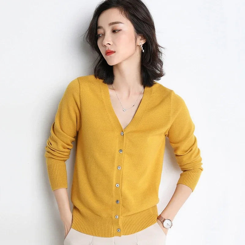 Women Cardigans V-Neck Long Sleeve Knitted Outerwear – Korean Fashion Solid Thin Spring Autumn Sweater