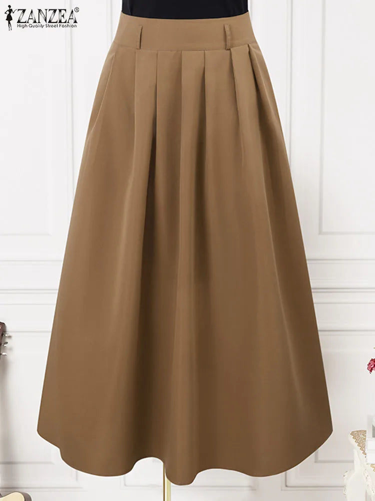 ZANZEA Women High Waist Pleated Swing Skirt – Vintage Korean Style Long Solid Skirt for Spring 2024