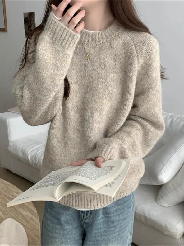 Women’s Round Neck Long Sleeve Knitted Sweater – Loose Fit Comfortable Autumn Winter Casual Inner Wear Top