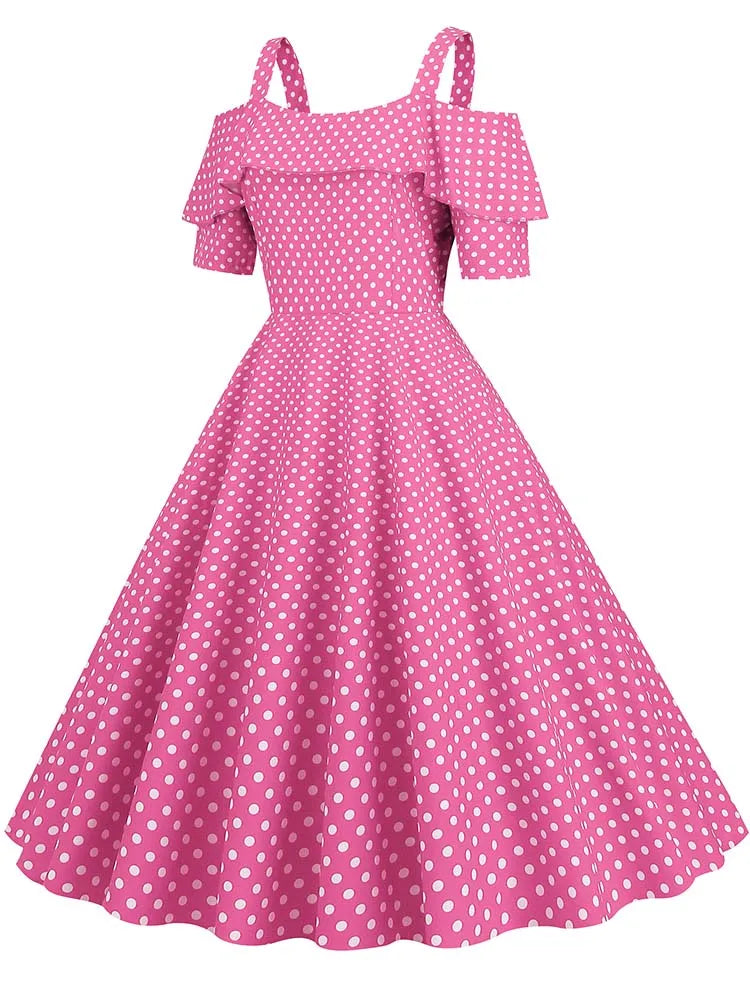 Off-Shoulder Elegant Vintage Party Dress – Women’s Summer Polka Dot Ruffles A-Line Midi Dress