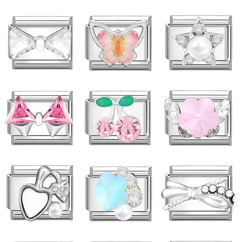 2025 Original Zircon Bow Knot Star Cherry Italian Charm | Stainless Steel 9mm Links DIY Modular Bracelet Jewelry Wholesale