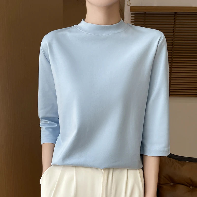 Women’s Cotton T-Shirt | Semi-High-Neck Cropped Sleeve Top | Loose Solid Color Summer & Autumn Bottoming Tee