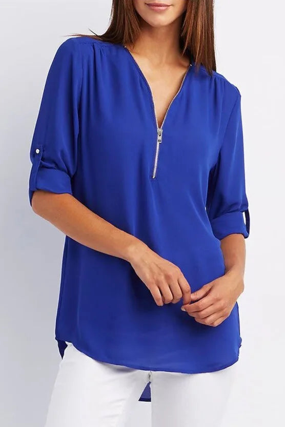 Summer Women’s Chiffon Blouse | Deep V-Neck Zipper Tops | Casual Loose Long Sleeve Plus Size Shirt