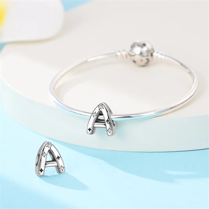 Classic 925 Sterling Silver A–Z Alphabet Charms | Letter Beads with Stars Fit Original Bracelet DIY Jewelry for Women