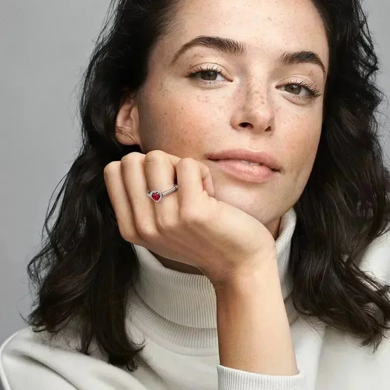 New 925 Sterling Silver Red Heart Crystal Ring – Sparkling Zircon Retro Women’s Jewelry Gift