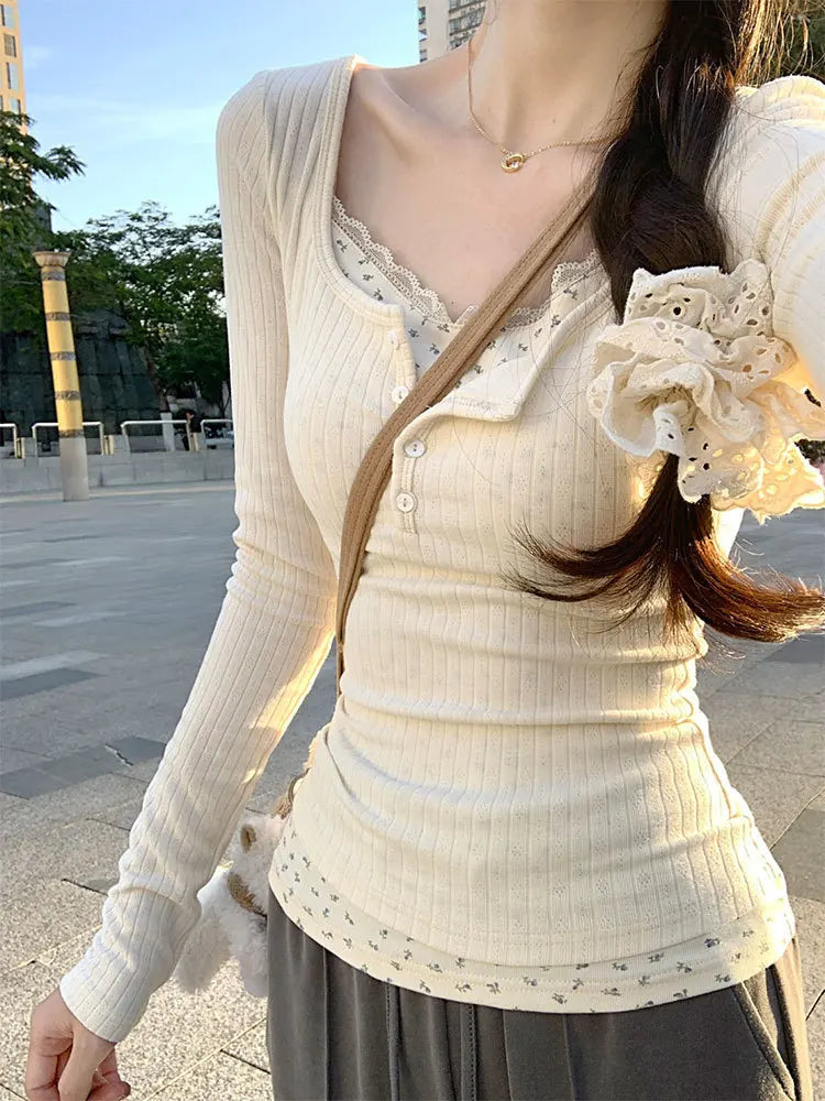 2025 Women’s Floral Patchwork Long Sleeve T-Shirt | False Two-Piece Lace Slimming Top | Korean Fashion