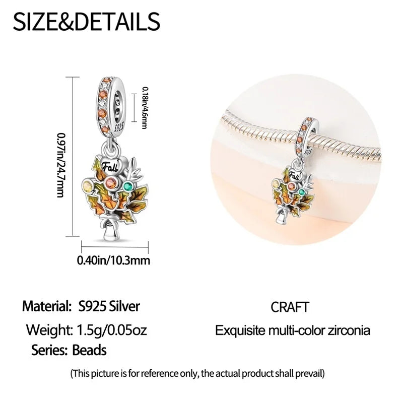 925 Sterling Silver Squirrel & Maple Leaf Charm | Shiny Zircon Autumn Beads Fit Pandora Bracelet DIY Jewelry