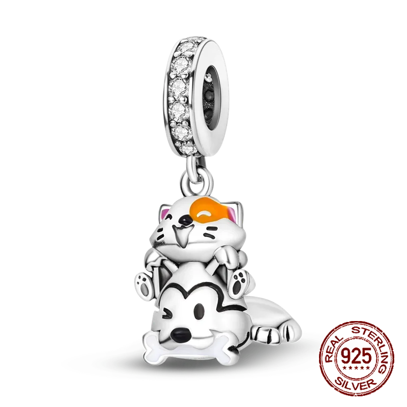 925 Sterling Silver Pink Cat & Dog Paw Charm Bead | Animal Claw Bone Beads for 925 Bracelet DIY Jewelry Gift