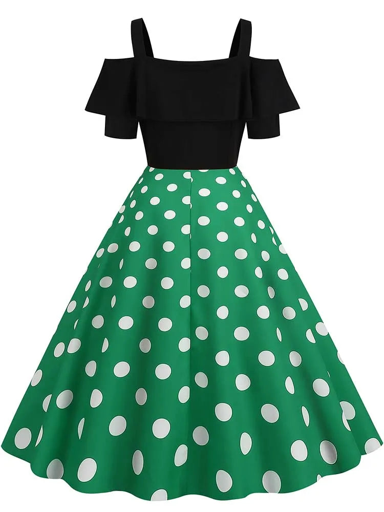 Off-Shoulder Elegant Vintage Party Dress – Women’s Summer Polka Dot Ruffles A-Line Midi Dress