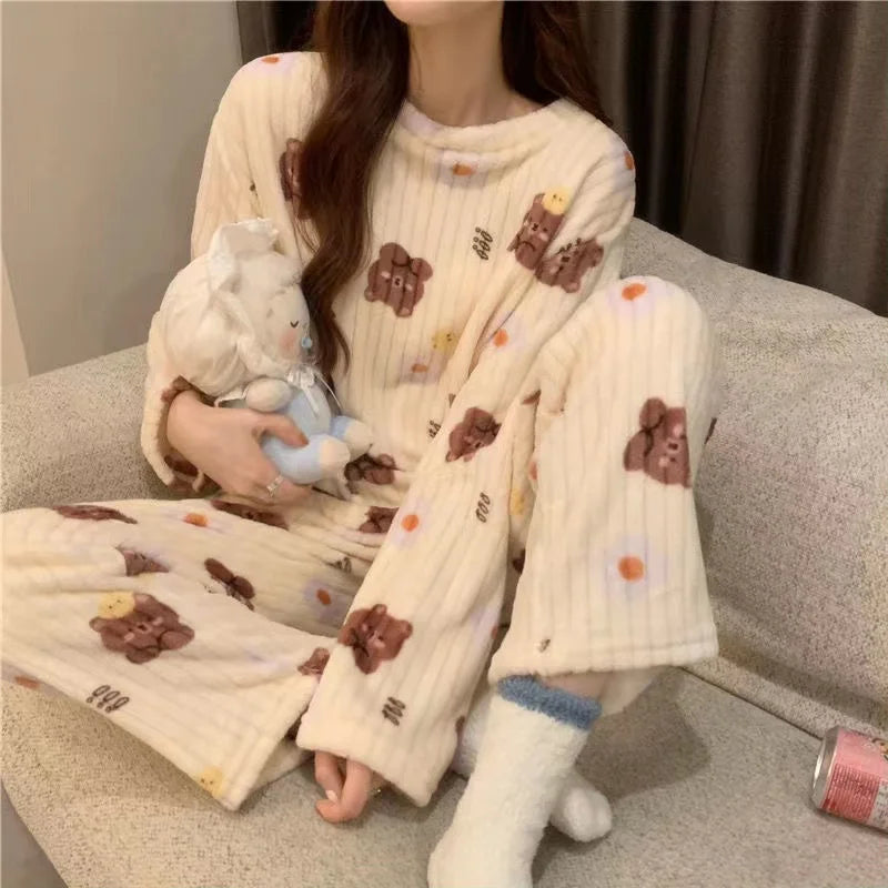 Adorable Sweet Coral Fleece Thiened Autumn Winter Loungewear Set – Women’s Casual Home Clothes | Long Pants Comfortable Leisurewear