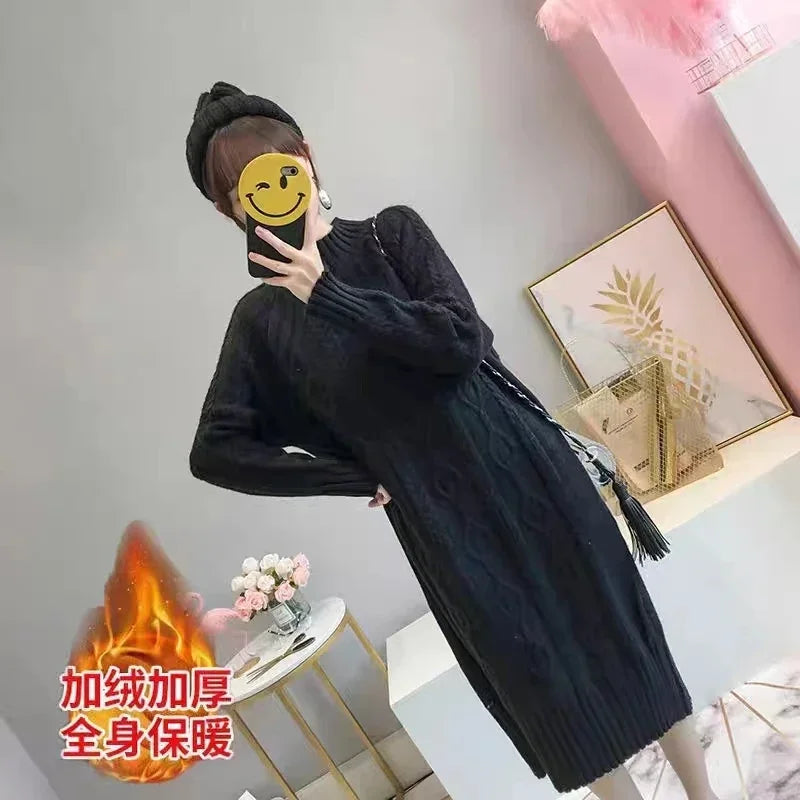 Winter Thicken Plus Velvet Sweater Dress for Women – Fall Mock Neck Rib Knit Midi Dress | Elegant Warm Vestido with Coats