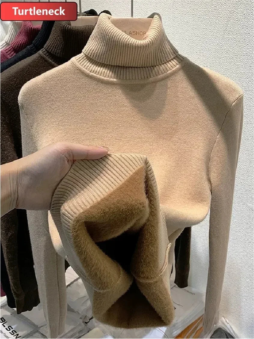 Women Winter Thicken Turtleneck Sweater – Slim Knit Plush Velvet Lined Warm Pullover Jumper