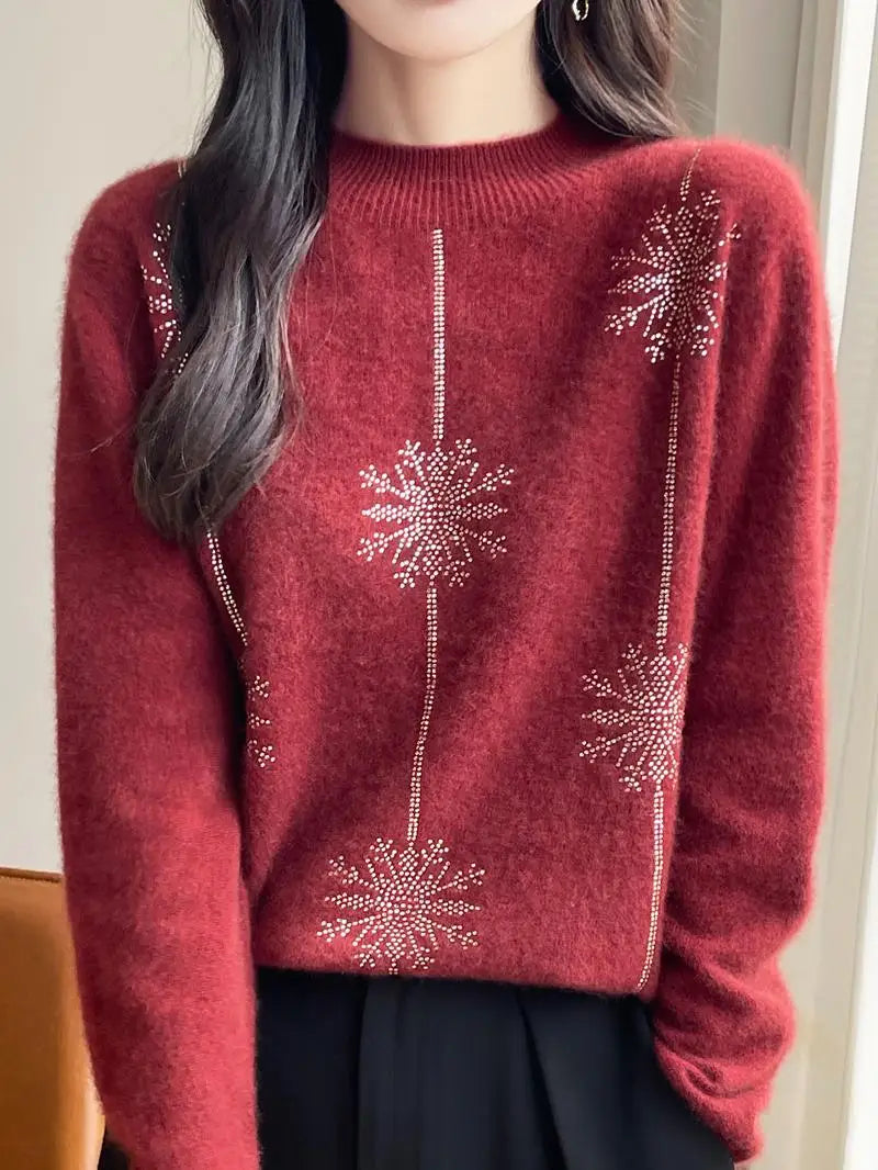 Women Christmas Sweater – Mock Neck Long Sleeve Thick Warm Pullover | Autumn Winter Knitted Loose Jumper Red