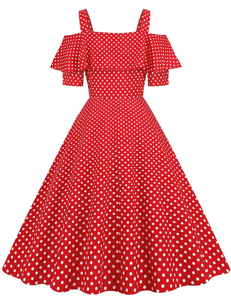 Off-Shoulder Elegant Vintage Party Dress – Women’s Summer Polka Dot Ruffles A-Line Midi Dress