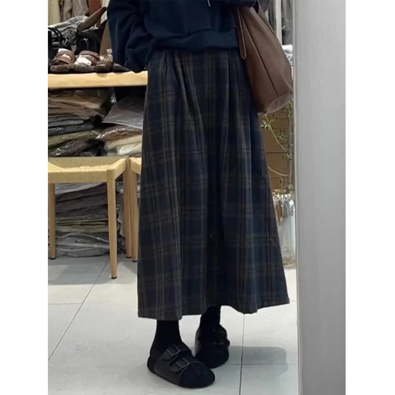 Retro Japanese Style High Waist Woolen Plaid Skirt – Women’s Autumn Winter Plus Size Mid-Length A-Line Skirt