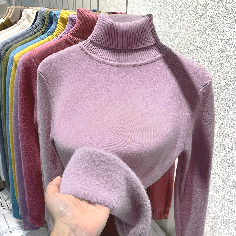 2025 Women’s High Collar Pullover Sweater – Thick Warm Soft Winter Top | Solid Color Bottoming Shirt