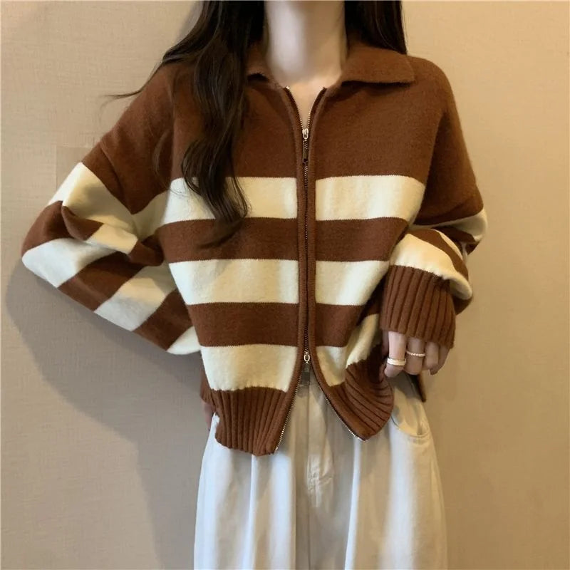 🔥 Retro American Spicy Long Sleeve Sweater for Women 🍂 Winter Loose Fit Knit Top | Unique Stripe Lazy Style Pullover ❄️
