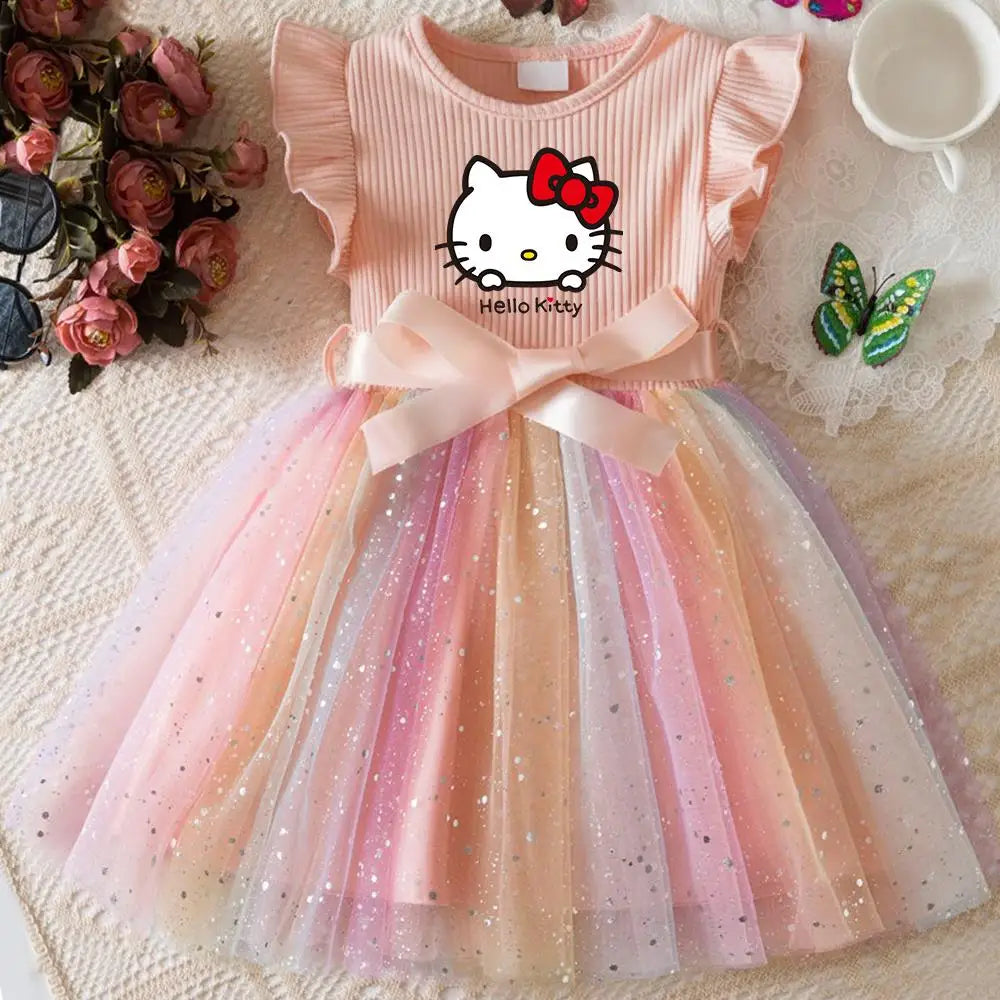 Hello Kitty Flying Sleeves Bow Sequin Princess Dress for Girls | Birthday Party Tutu Dress | Fluffy Baby Girl Dress 1–5 Years