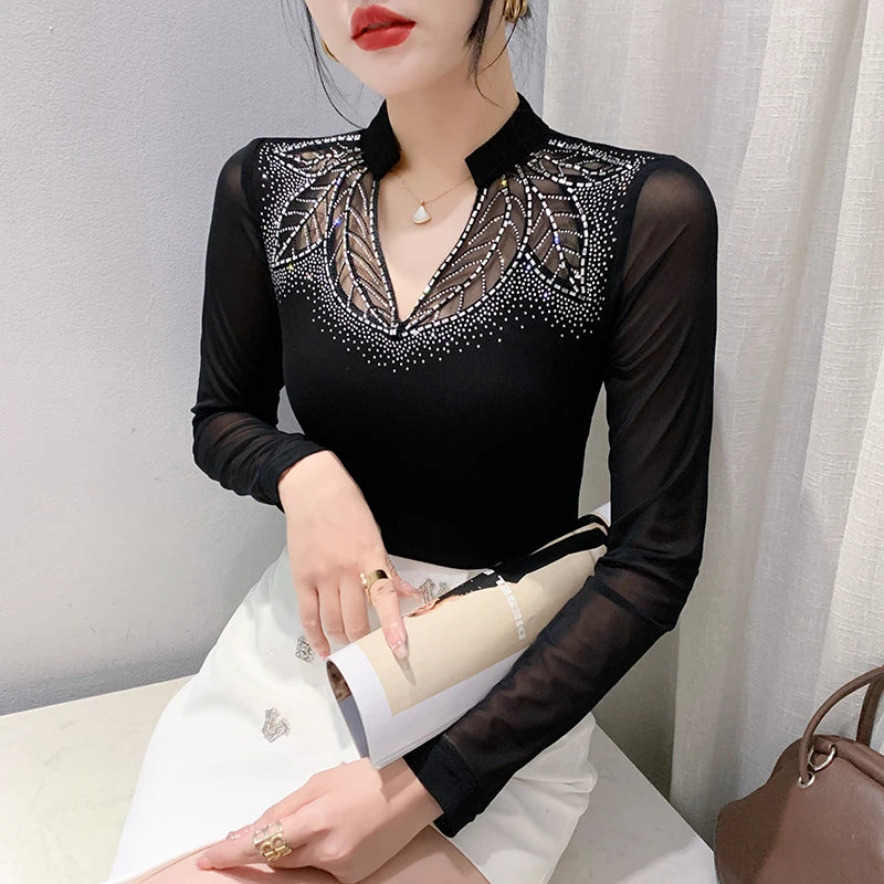 2025 European Station Women’s Long Sleeve Tee – Stand Collar Slim Mesh Top with Hot Diamond ✨👚