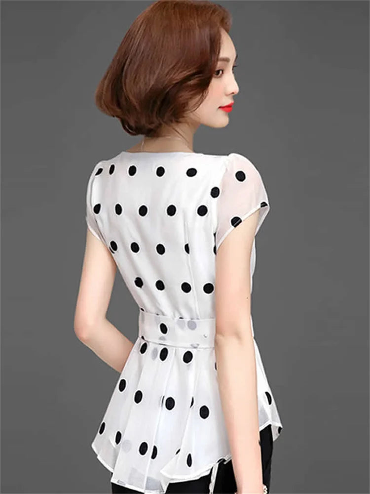 Women’s Polka Dot Chiffon Shirt 🌸 Summer Short Sleeve Fitted Top ✨