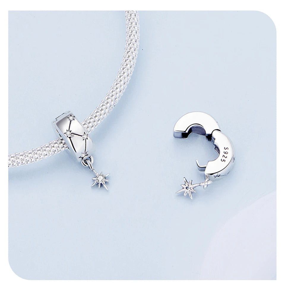 BISAER 925 Sterling Silver Clip Spacer Charm – Star & Cross Stopper Bead Fit Pandora Bracelet DIY Women’s Jewelry
