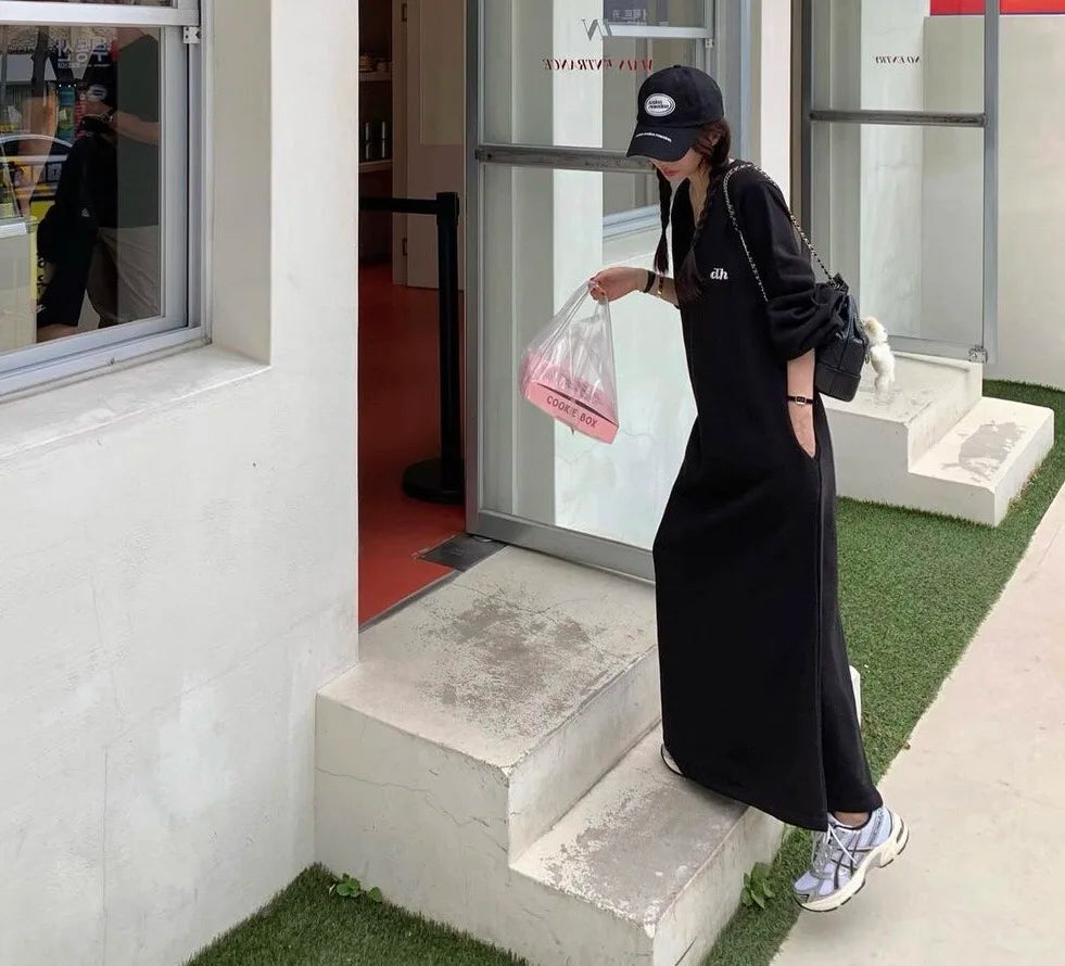 Autumn Winter Lazy Style V-Neck Embroidered Letter Loose Sweatshirt Dress – Long Sleeve Sweet Lantern Sleeve Women’s Casual Dress