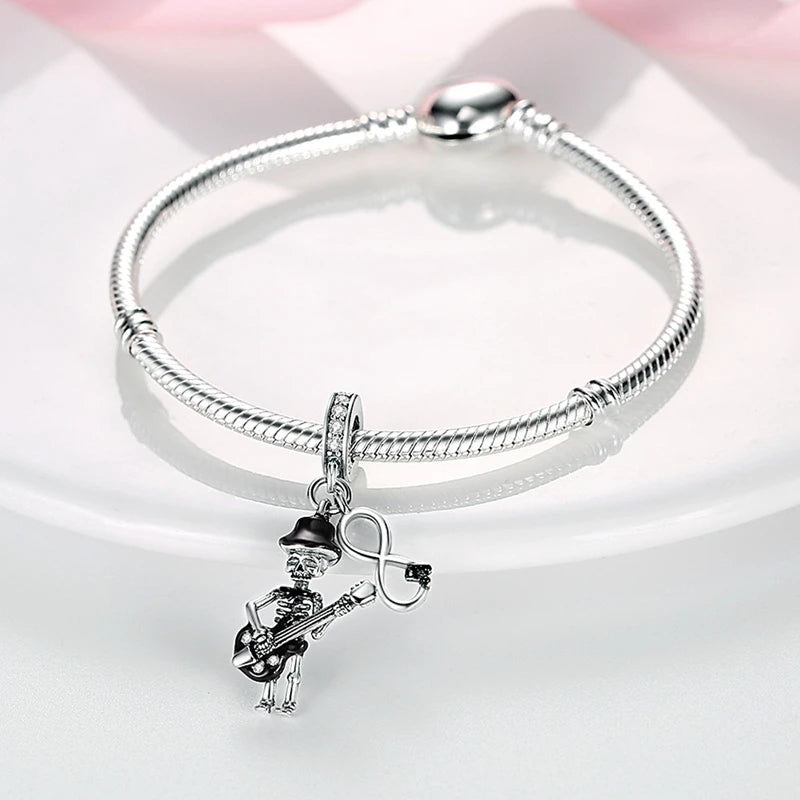 Halloween 925 Sterling Silver Charms | Pumpkin Skeleton Witch Bat Beads for Bracelet DIY Jewelry