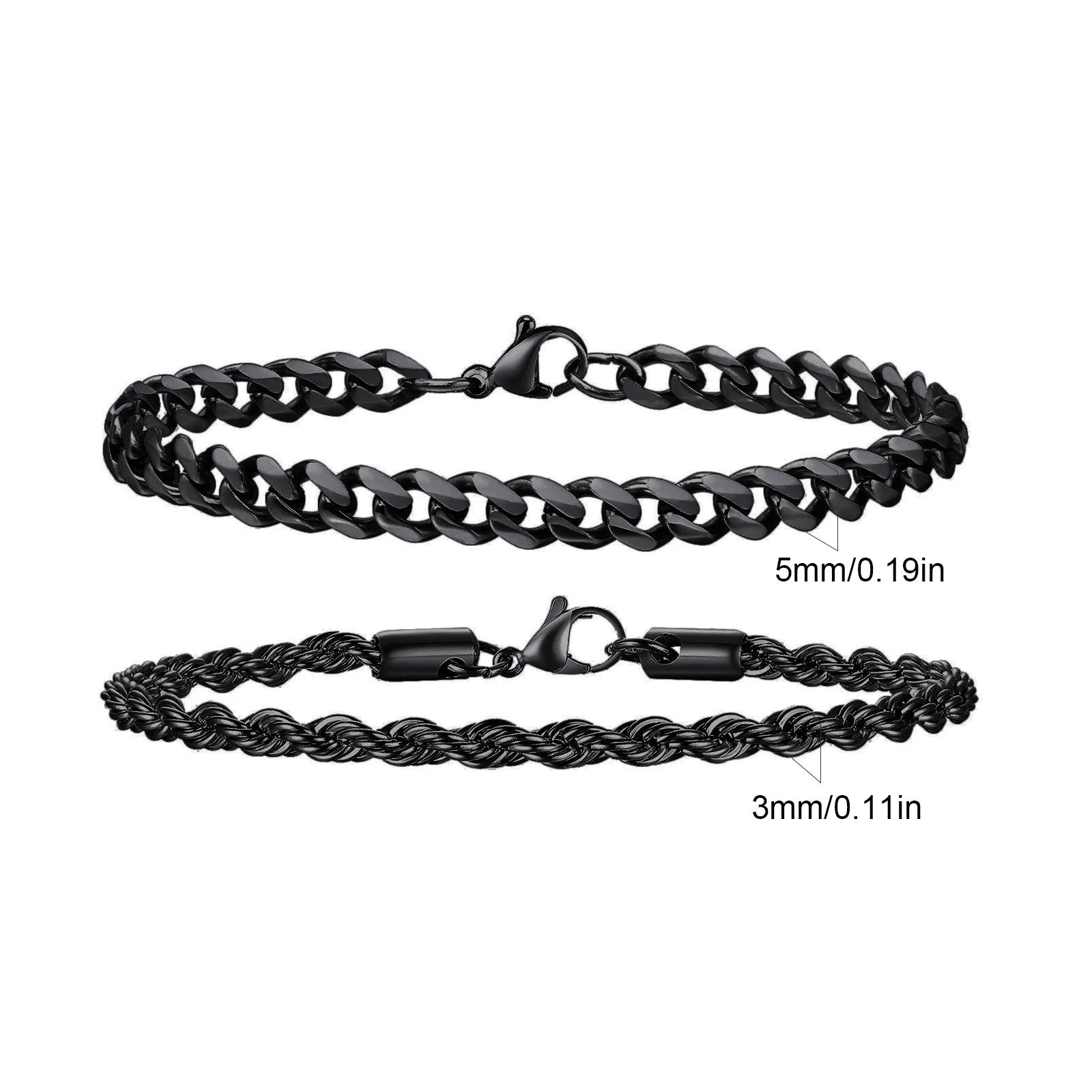 2PCS Men’s Chain Bracelets – Silver, Gold & Black Stainless Steel Twisted Rope Cuban Chain