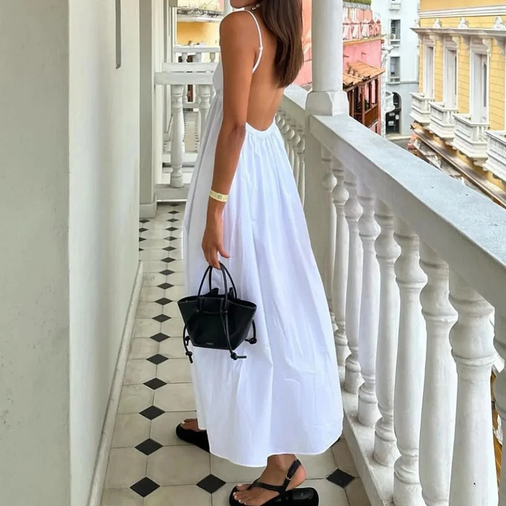 2025 Women’s Elegant Maxi Dress – Spring Summer Casual Backless Spaghetti Strap V-Neck A-Line Party Dress