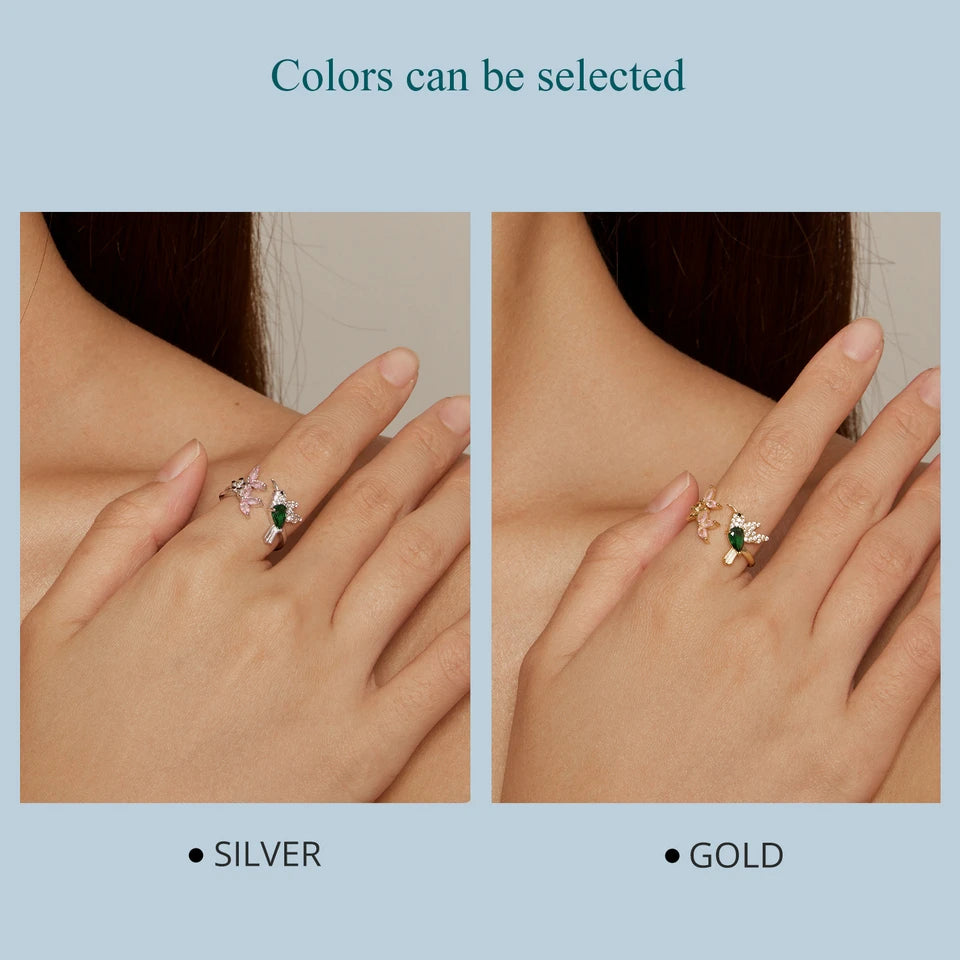 BISAER 925 Sterling Silver Floral Bird Open Ring | Adjustable White Gold Plated Flower Band for Women – Fine Party Jewelry