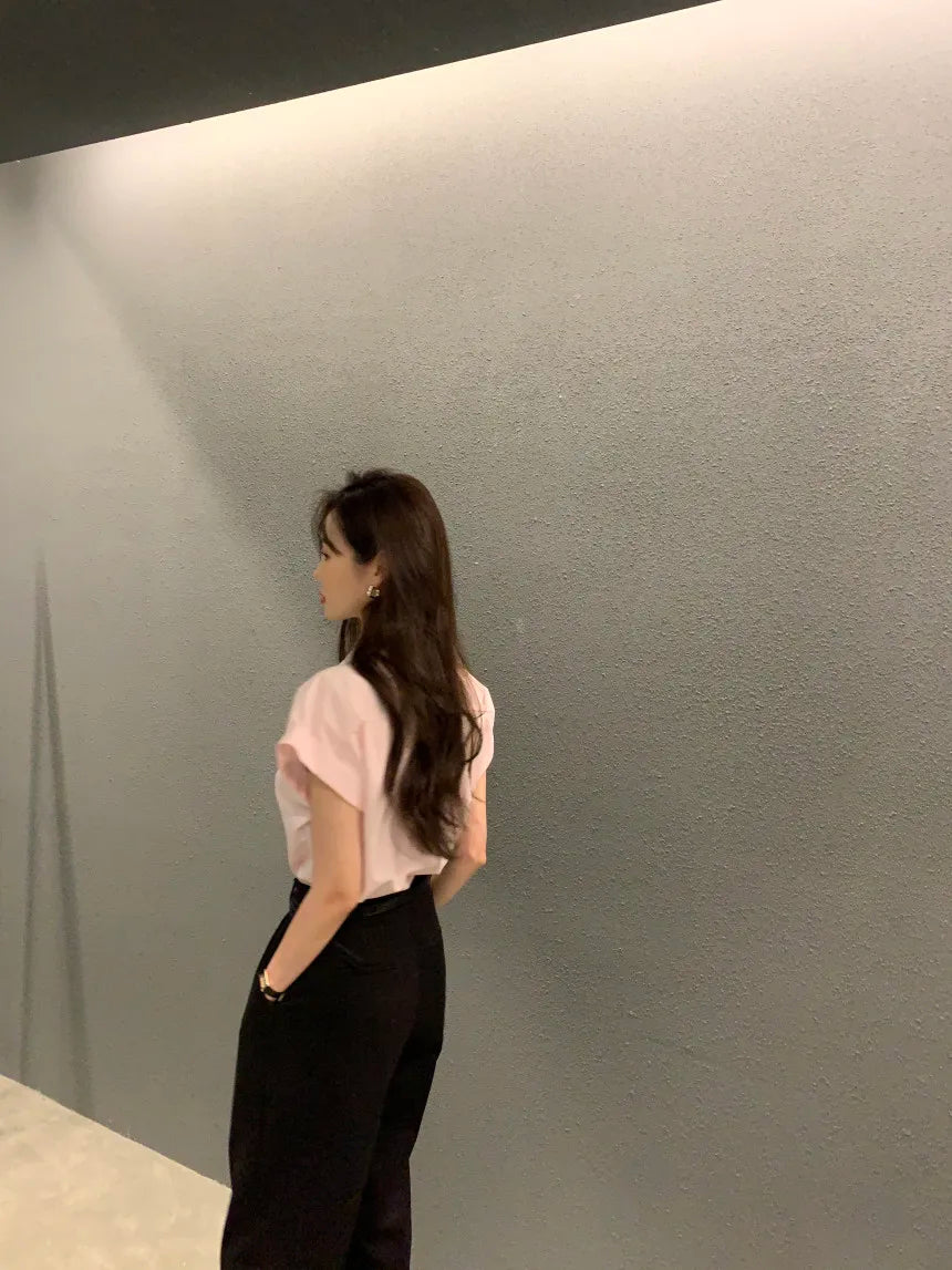 Chic Summer Loose Women’s Shirt | Classic Pure Color Professional Blouse with Small Lapel Collar