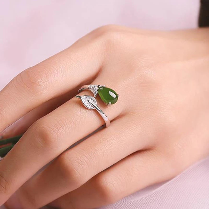 PANJBJ 925 Sterling Silver Hotan Jade Geometric Adjustable Ring | Retro Delicate Jewelry Gift for Women