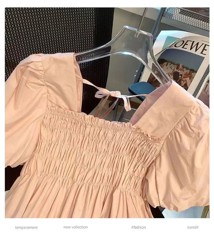 ☀️ Summer 2025 New Square Collar Pleated Short Sleeve Doll Shirt 👚 Women’s Small Size Bubble Sleeve Chiffon Blouse Top 🌸