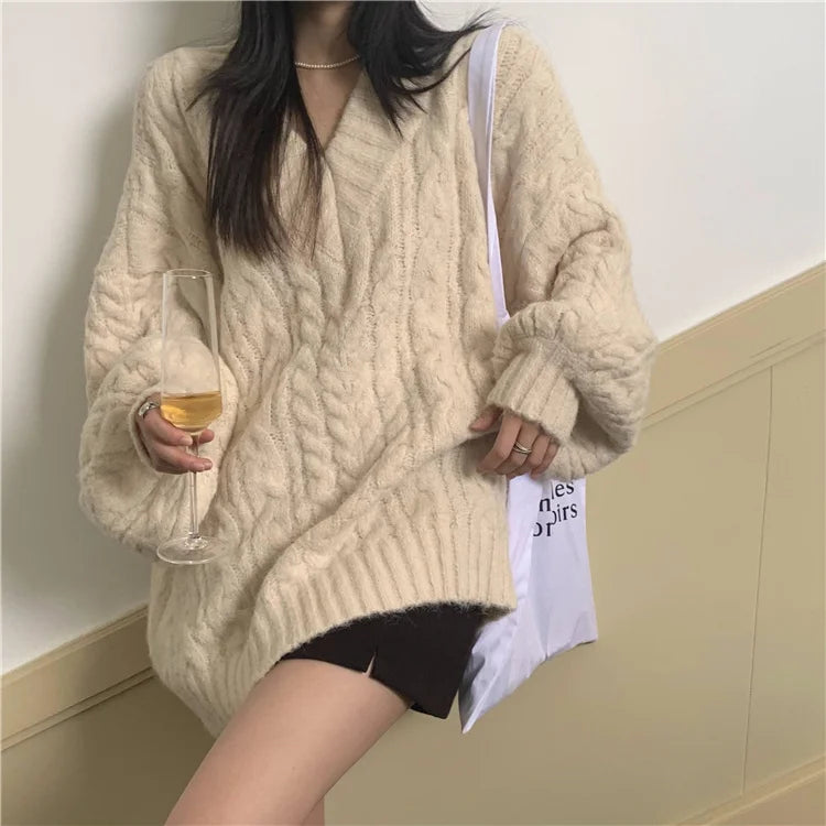 Women's V-Ne Thiened Twisted Sweater Loose Autumn Winter Outerwear Lazy Sle Design Soft Knitted irt Long Sve Top