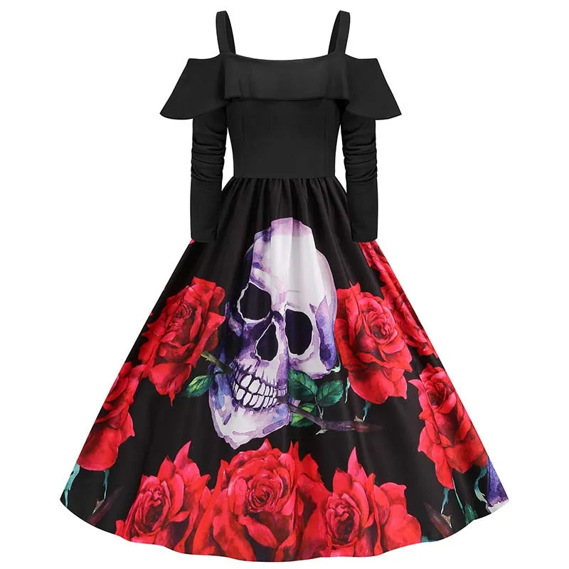 Elegant Spaghetti Strap Halloween Party Dress – Vintage Long Sleeve Ruffle Evening Prom Costume for Women | Autumn Winter