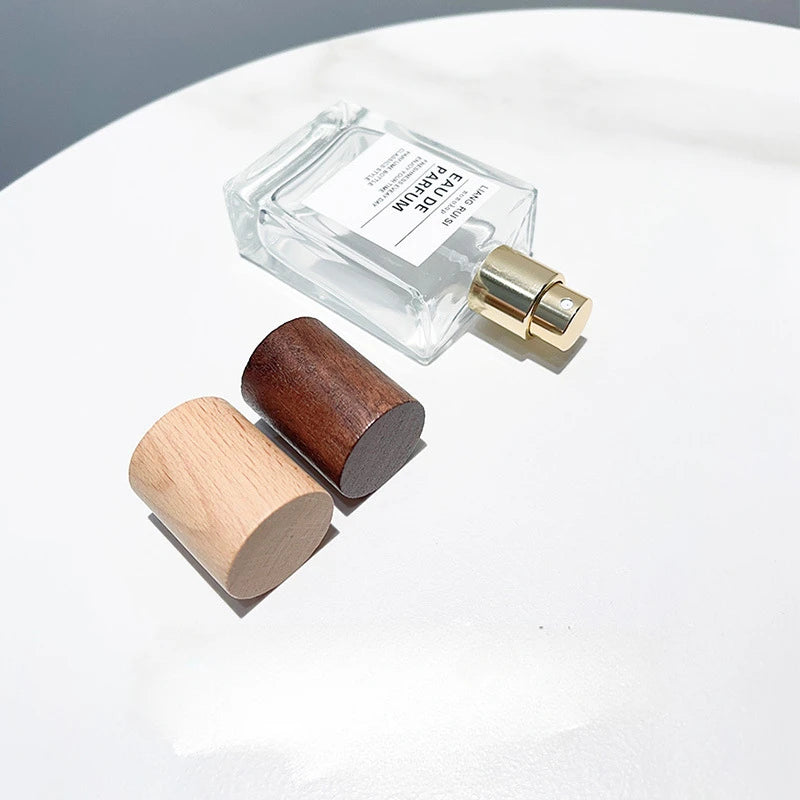30ml / 50ml Refillable Perfume Bottle – Empty Glass Flat Square Spray Container | Portable Travel Cosmetic Bottle with Wooden Lid