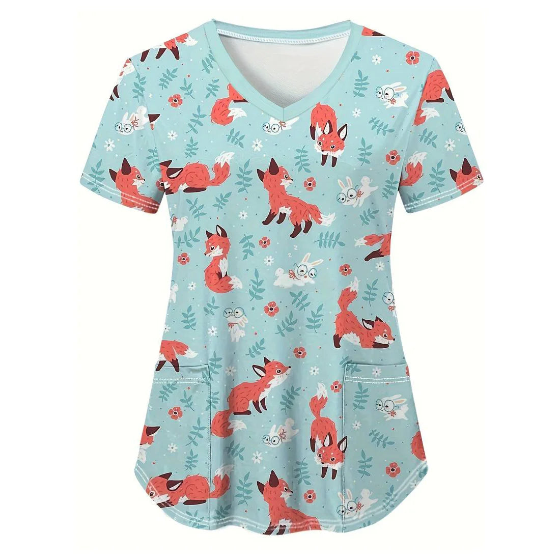 Women’s Medical Scrub Top – Cute Cartoon Print V-Neck Short Sleeve Nurse Dental Uniform 🩺🎀